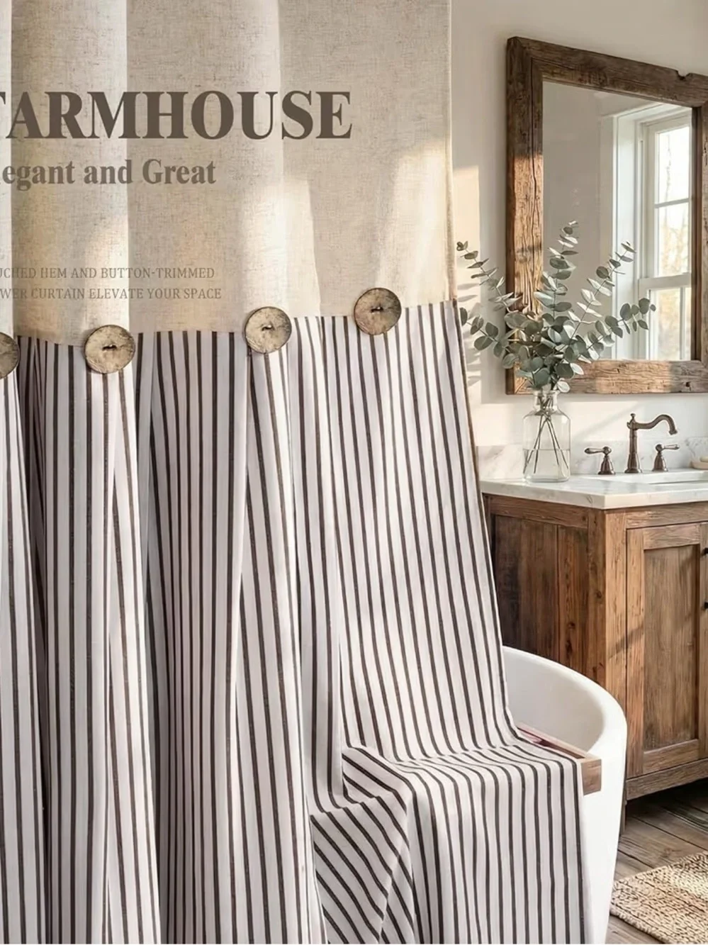 Extra Long Shower Curtains 84”Farmhouse Linen Pleated Brown Stripe 72